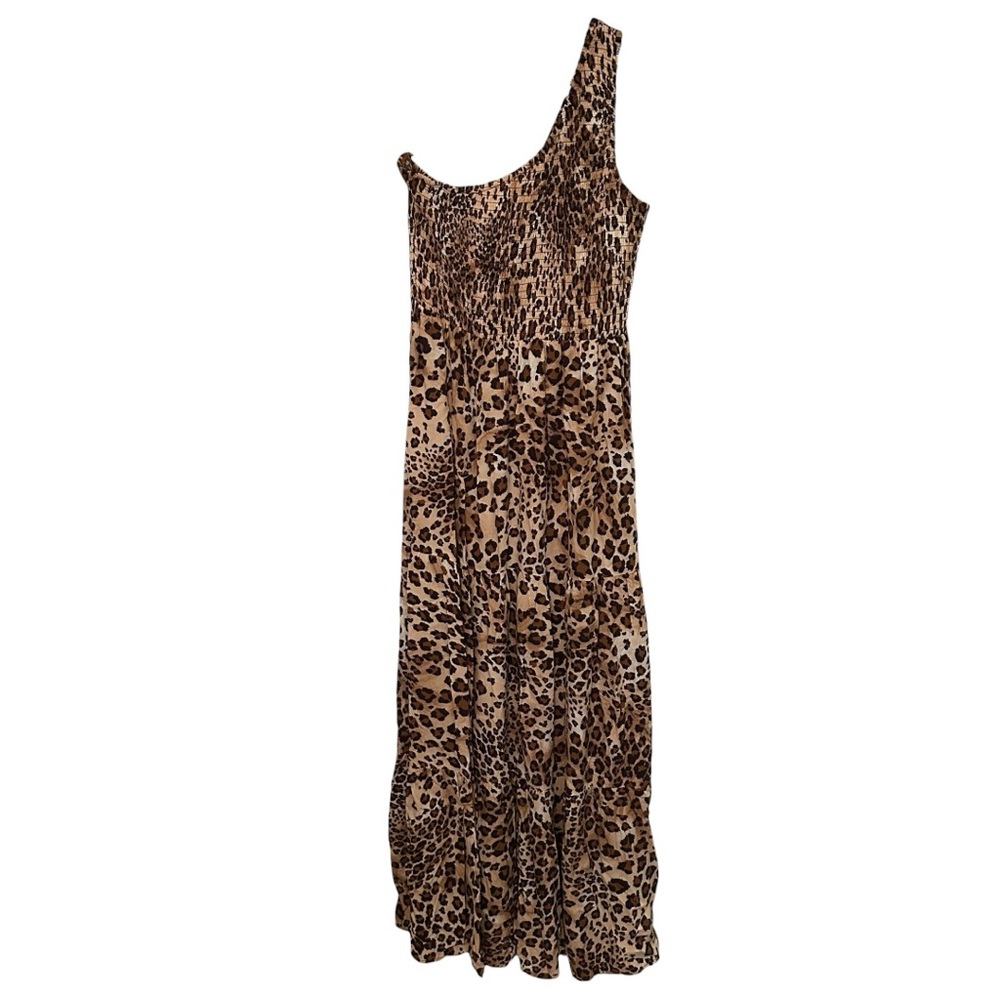 Abel The Label NWT Women’s Leopard One Shoulder‎ Smocked Tiered Maxi Dress Sz M